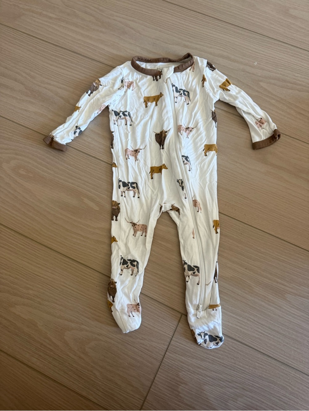 Kyte BABY Cream Farm Animal Zip Footie with Brown Trim
